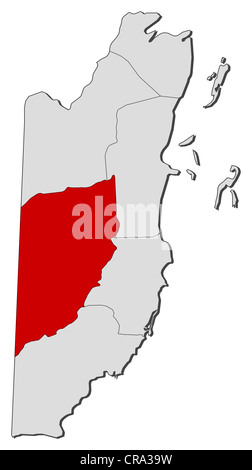 Political map of Belize with the several provinces where Cayo is highlighted. Stock Photo