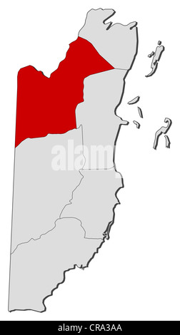 Political map of Belize with the several provinces where Orange Walk is highlighted. Stock Photo