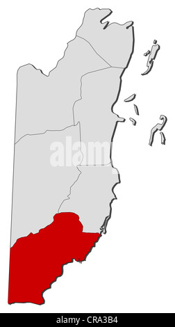 Political map of Belize with the several provinces where Toledo is highlighted. Stock Photo