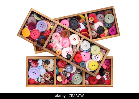 colorful buttons in wooden box Stock Photo