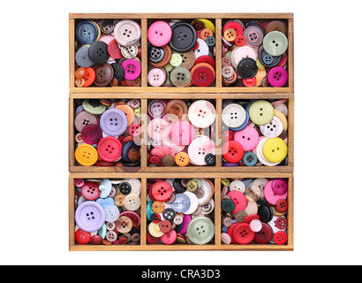 colorful buttons in wooden box Stock Photo