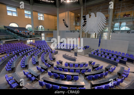 Empty plenary hall with a small group of visitors, German Bundestag parliament, Berlin, Germany, Europe