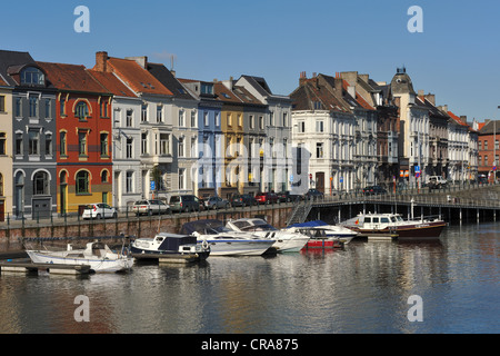 Porta Ganda, the marina and colorful facades at the Lys river in the center of Ghent, Flanders, Belgium, Europe Stock Photo