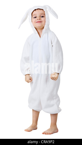 Funny kid dressed as white rabbit isolated on white background Stock Photo