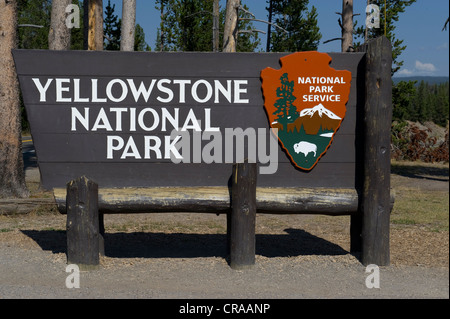 Yellowstone National Park entrance sign, West Yellowstone, Montana, USA ...