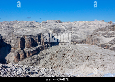 Rocky landscape, view from Sass Pordoi Mountain, 2925 m, towards the Sella Group, Dolomites, Italy, Europe Stock Photo