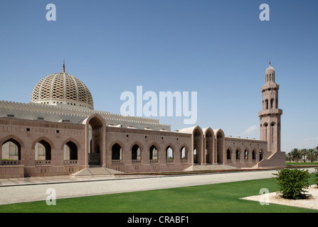 Minaret, dome, lawn, Sultan Qaboos Grand Mosque, Muscat capital, Sultanate of Oman, gulf states, Arabic Peninsula, Middle East Stock Photo