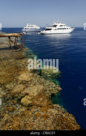 Dive ships anchor off the jetty in front of the reef top, Daedalus Reef, Egypt, Red Sea, Africa Stock Photo