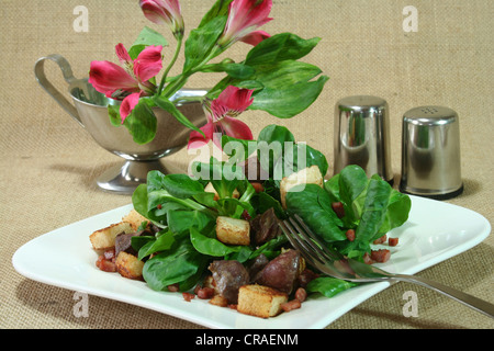 lamb's lettuce with fried liver and roasted toast and ham