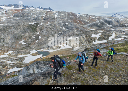 Group of hikers with a guide, Ammassalik Peninsula, at Sermilik Fjord, East Greenland, Greenland Stock Photo