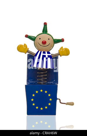 Jack in the Box with a Greek flag, symbolic image for surprises during the euro crisis Stock Photo