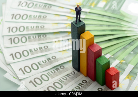 Bar chart with a miniature businessman figure standing on banknotes, symbolic image