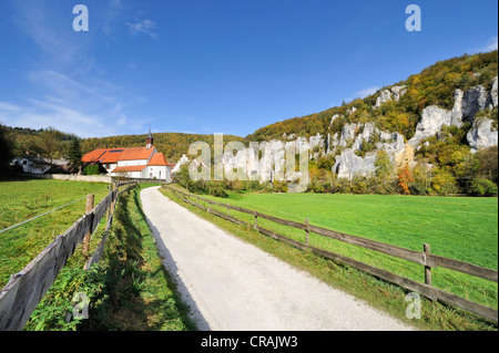 Hiking trail to the Kaeppeler estate and St. George's Basilica near Thiergarten in the Upper Danube Valley, Sigmaringen district Stock Photo