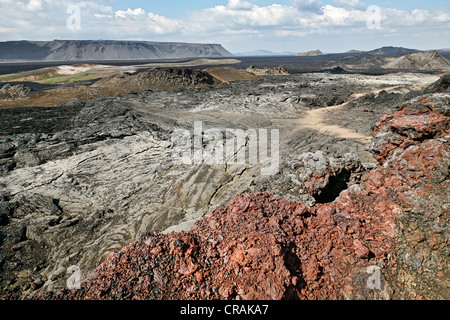 Extinct crater, lava fields and coloured lava in the geothermal area of the Leirhnjukur fissure at the Krafla volcano Stock Photo