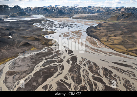Aerial view, branches of the Tungna River near Landmannalaugar in the interior highlands of Iceland, Europe Stock Photo