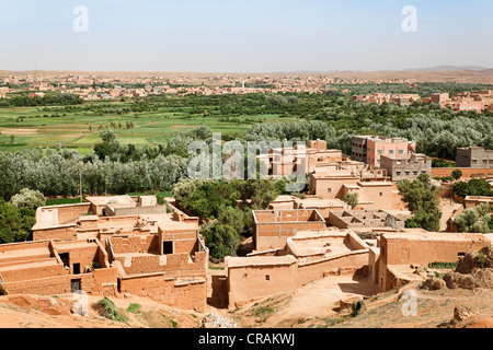 View over El Kelaa and the Valley of Roses, where Damask Roses (Rosa damascena) are grown, Valley of Roses, Dades Valley Stock Photo