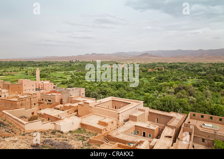 View over El Kelaa and the Valley of Roses, where Damask Roses (Rosa damascena) are grown, Valley of Roses, Dades Valley Stock Photo