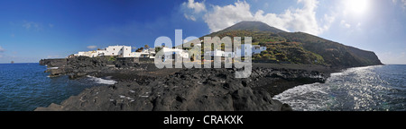 Panoramic view of Stromboli island, Stromboli volcano, Aeolian or Lipari Islands, Tyrrhenian Sea, Sicily, Southern Italy, Italy Stock Photo