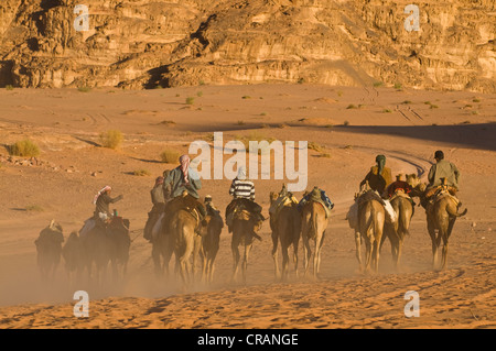 Bedouins with camels in the desert, Wadi Rum, Jordan, Middle East Stock Photo