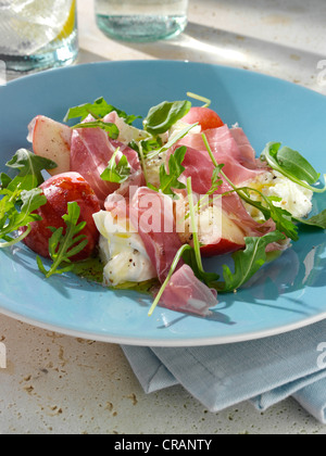 Burrata and peaches summer salad, white background. Italian recipe ...