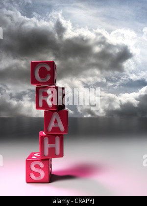 Five dice stacked, forming the word "Crash", thunderstorm clouds Stock Photo