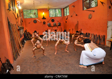 Students and a teacher at a Kalaripayattu school, martial art, Calicut, also known as Kozhikode, Kerala, southern India, India Stock Photo