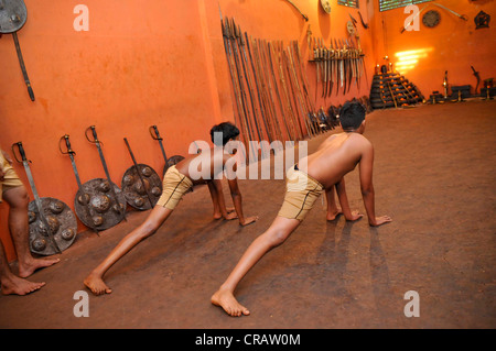 Students at a Kalaripayattu school, martial art, Calicut, also known as Kozhikode, Kerala, southern India, India, Asia Stock Photo