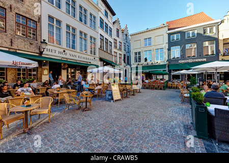 Street cafes on Grote Markt market square, historic town centre of Bruges, UNESCO World Heritage Site, West Flanders Stock Photo