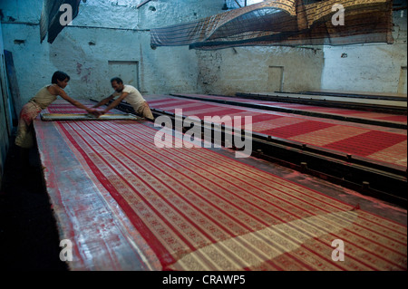 Dyeing of previously printed fabric, Sanganer dyeing centre near Jaipur, Rajasthan, India, Asia Stock Photo