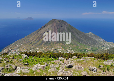 Volcano on Salina island, in the back Filicudi and Alicudi islands, Aeolian Islands, Sicily, southern Italy, Italy, Europe Stock Photo