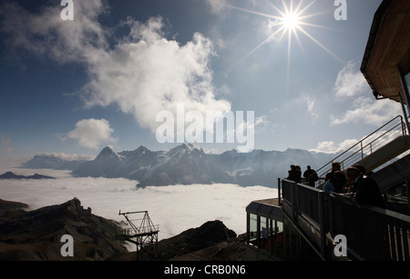 The Piz Gloria is reached by the Schilthorn Cable Car near Murren, Switzerland. Piz Gloria was used in a James Bond Film. Stock Photo