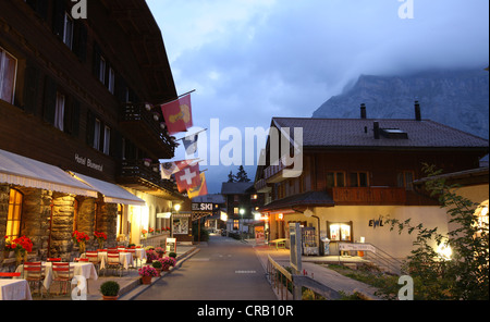 View of Murren, Switzerland and Mountains at twilight. Stock Photo