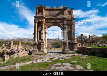 Triumphal Arch of Emperor Caracalla, The Roman ruins of Djemila, Unesco World Heritage Site, Kabylie, Algeria, Africa Stock Photo