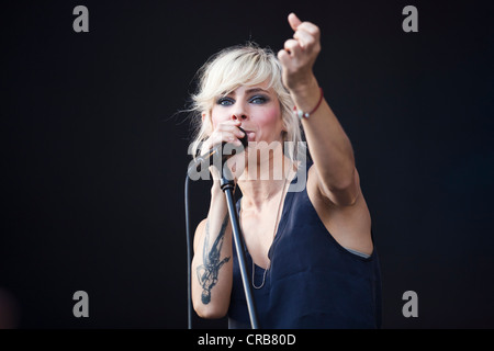 Singer and frontwoman Maja Ivarsson from the Swedish band The Sounds performing live at the Heitere Open Air festival in Stock Photo