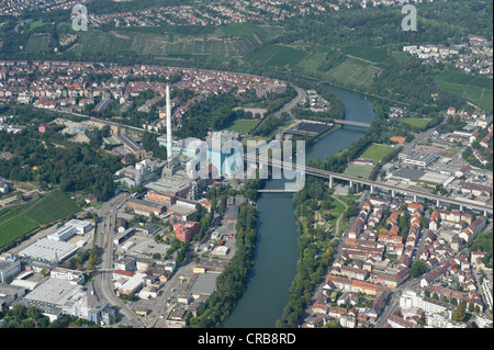 Aerial view, Neckar river and Stuttgart-Muenster waste incineration plant, Stuttgart, Baden-Wuerttemberg, Germany, Europe Stock Photo