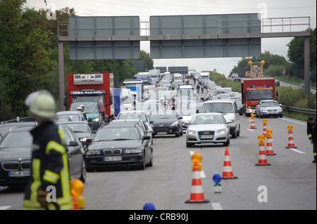 Traffic jam following a serious road traffic accident on the Autobahn A81 motorway, Ludwigsburg, Baden-Wuerttemberg Stock Photo