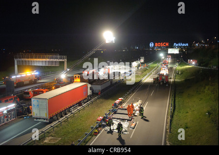 Serious accident of a hazardous goods transporter on the A8 highway, the fire brigade has installed a foam carpet, full closure Stock Photo