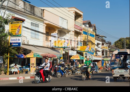 Traffic, shops and restaurants, Fa Ngum Road, Vientiane, Laos, Indochina, Asia Stock Photo