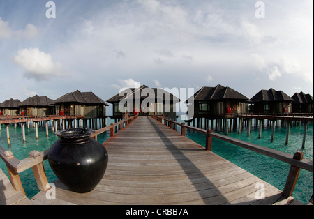Water villas on Irufushi Island, Noonu Atoll, Maldives, Indian Ocean Stock Photo