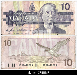 Old banknote, front and rear, 10 Canadian Dollars, Bank of Canada, circa 1989 Stock Photo