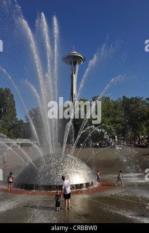 International Fountain in front of Space Needle, trick fountain, Seattle Center, Seattle, Washington, United States of America Stock Photo