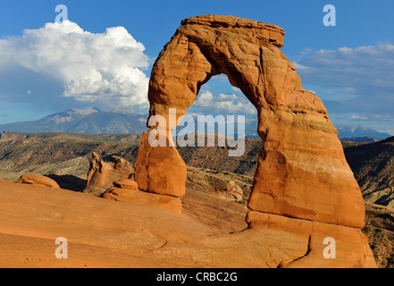 Delicate Arch, stone arch, La Sal Mountains, Arches National Park, Moab, Utah, Southwest, United States of America, USA Stock Photo