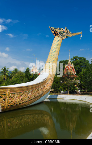 Decorated bow in front of a Buddhist temple, Wat Bang Riang temple, Thub Pat, Phang Nga, Thailand, Southeast Asia Stock Photo