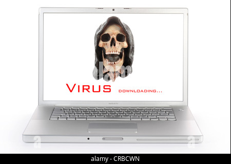 Laptop computer, skull, lettering 'Virus', symbolic image for virus alert Stock Photo