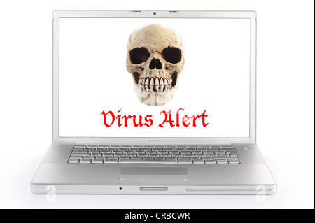 Laptop computer, skull, lettering 'Virus Alert', symbolic image Stock Photo