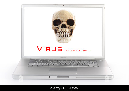 Laptop computer, skull, lettering 'virus', symbolic image for virus alert Stock Photo