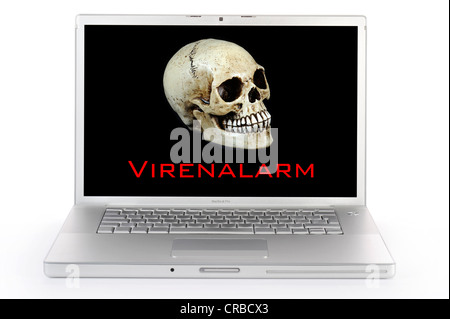 Laptop computer, skull, lettering 'Virenalarm', German for 'Virus Alert', symbolic image Stock Photo