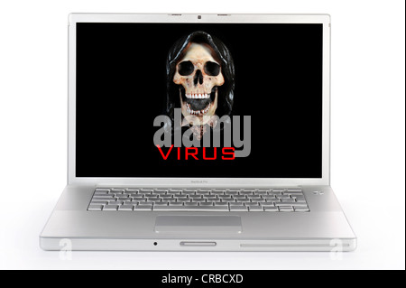 Laptop computer, skull, lettering 'Virus', symbolic image for virus alert Stock Photo