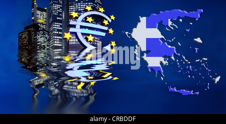 Symbolic image for a sinking euro, Greece, Greek flag, euro sign, ECB, European Central Bank, Frankfurt am Main, Hesse Stock Photo