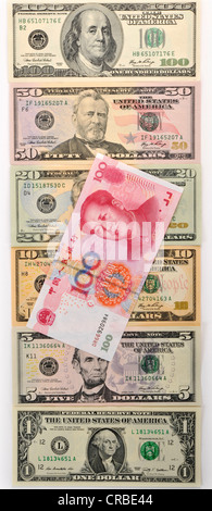 Symbolic image for exchange rates, U.S. dollar banknotes and a Chinese yuan, renminbi, currency of the People's Republic of Stock Photo